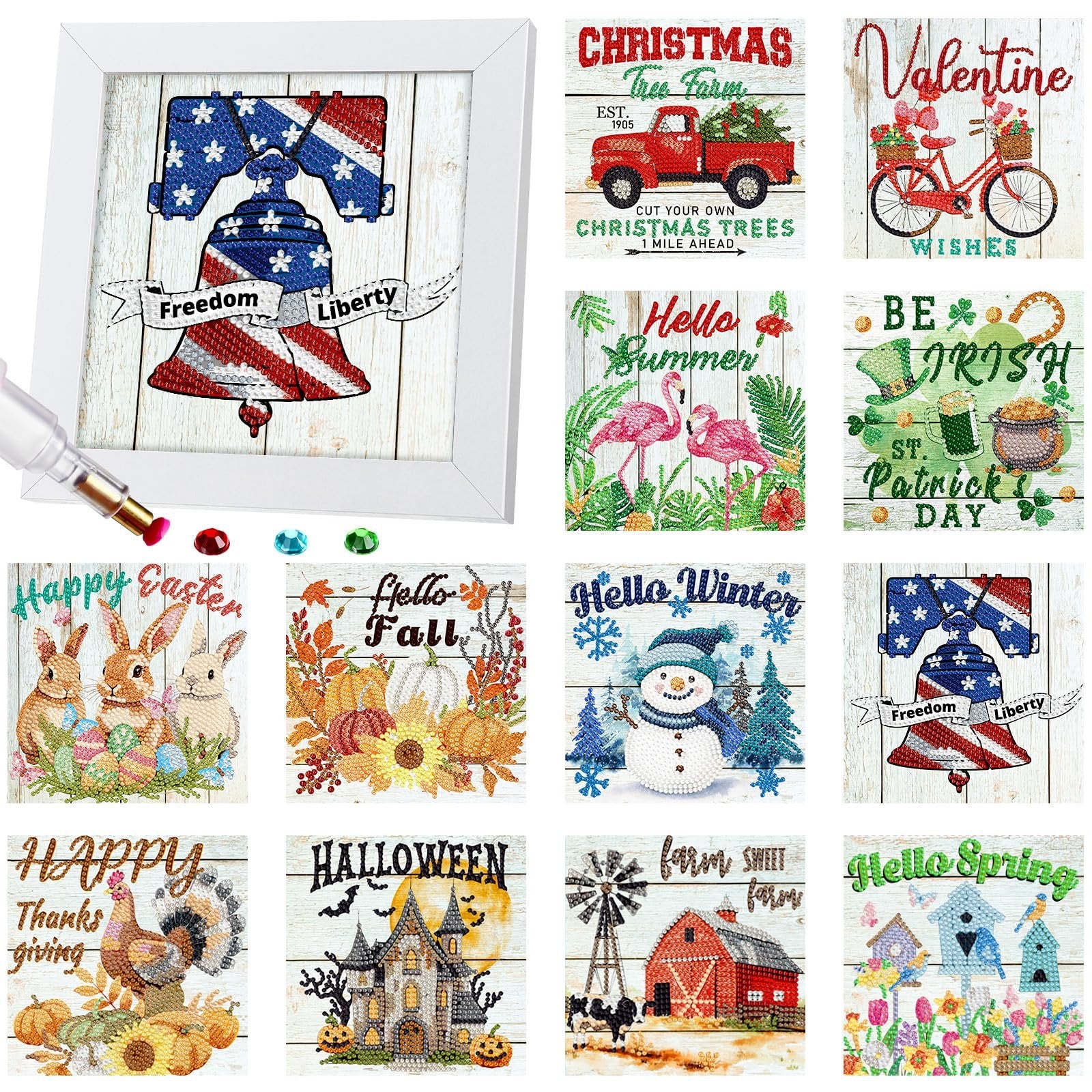 Collage of 12 seasonal diamond art paintings, including holidays and themes like Christmas, Valentine's Day, Easter, Fall, Halloween, and Spring.