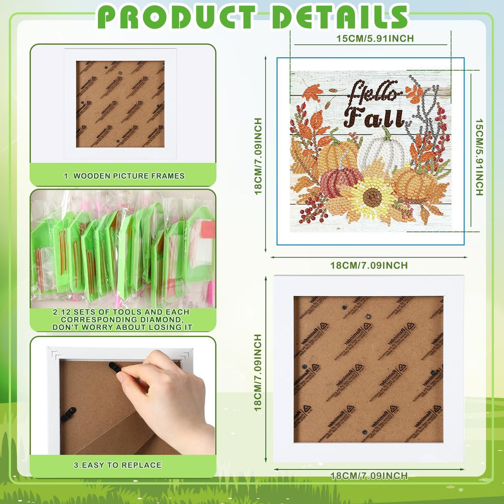 Diamond art kit details showing wooden frames, tool sets, and a 'Hello Fall' canvas with pumpkins and sunflowers.