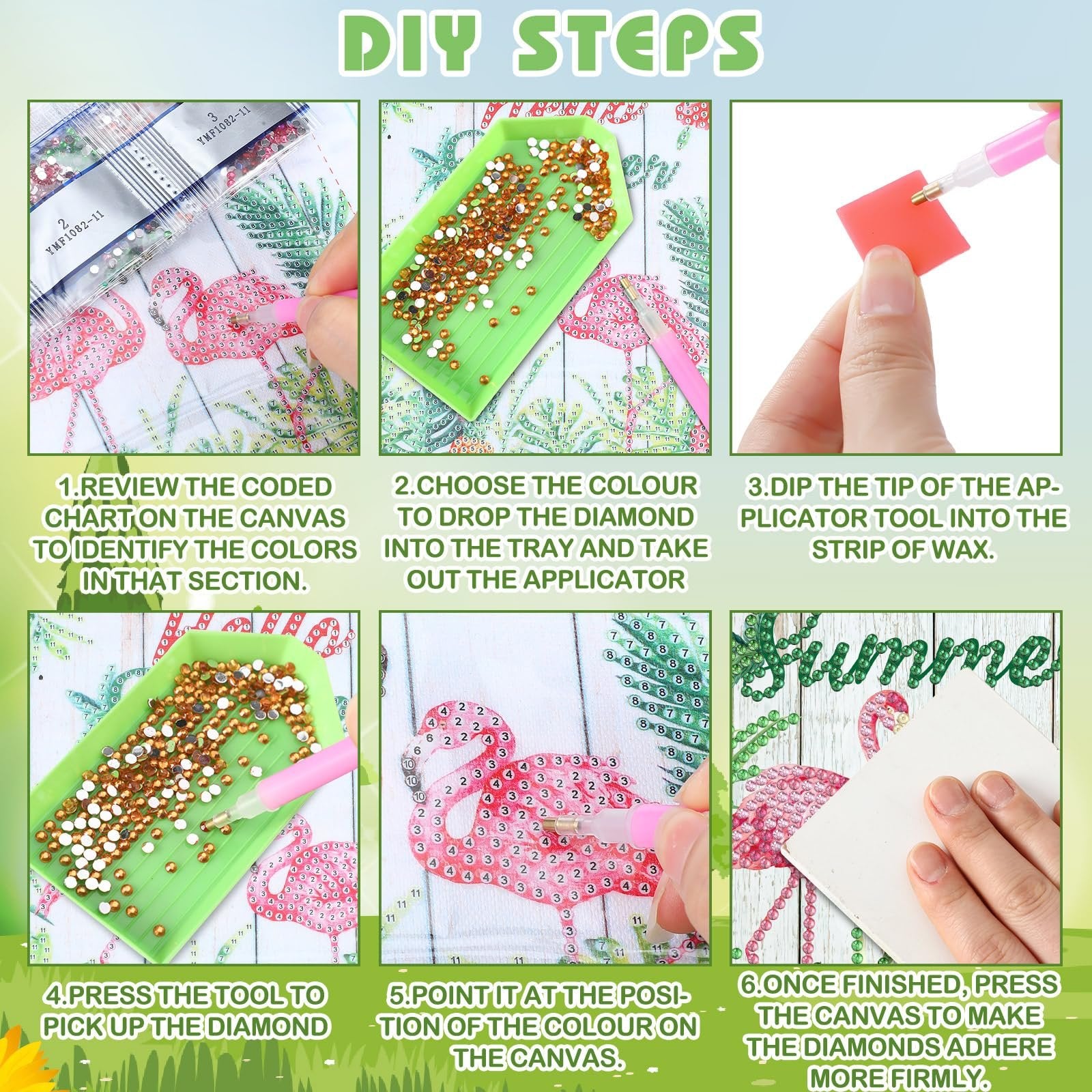 Diamond art kit instructions showing six steps: reviewing chart, choosing color, dipping tool in wax, picking up diamond, placing diamond, and pressing canvas.