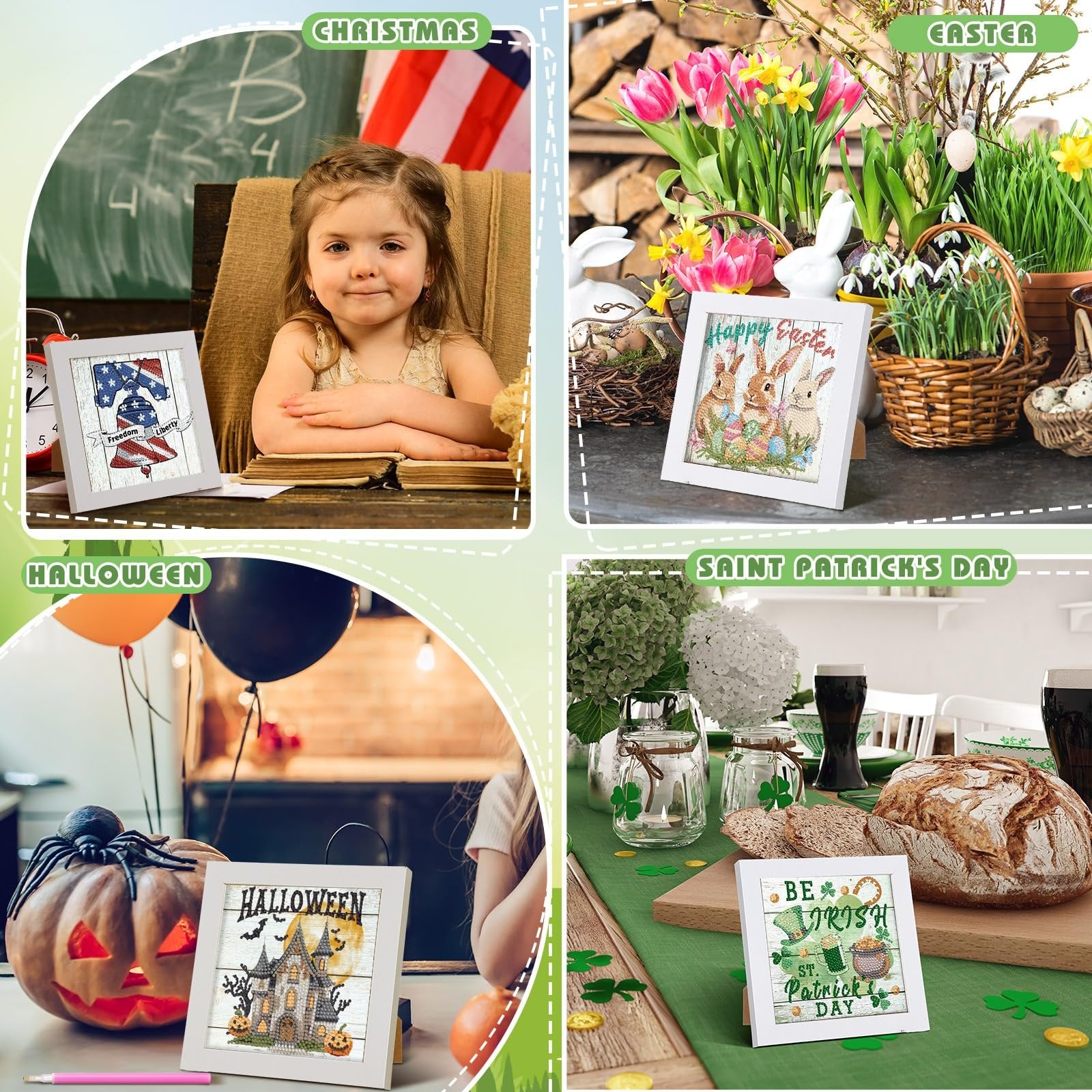 Collage of four holiday-themed diamond art kits: Christmas, Easter, Halloween, and St. Patrick's Day.