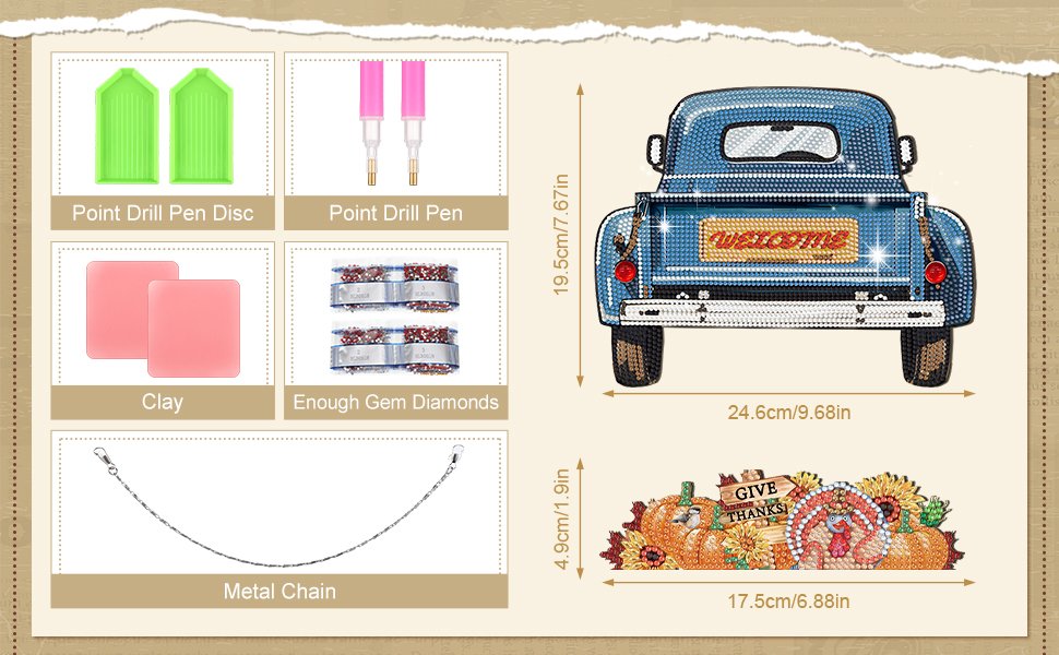 Diamond art kit contents including drill pens, clay, gem diamonds, metal chain, and finished truck and fall harvest designs.
