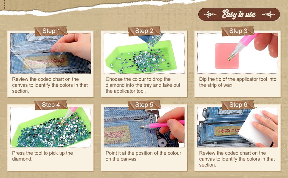 Diamond art kit instructions showing six steps for applying diamonds to a canvas using a tool and wax.