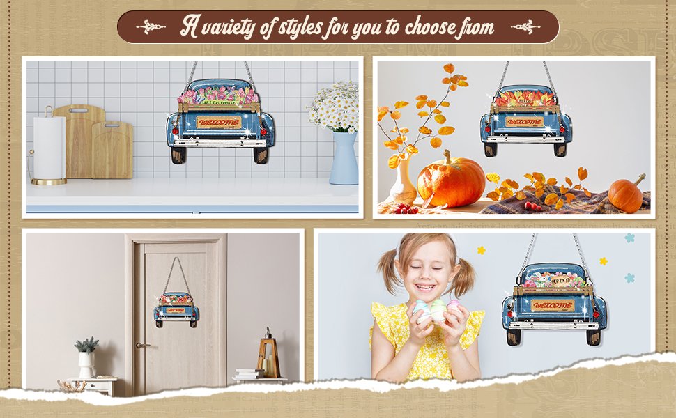 Collage of diamond art hanging signs featuring a blue truck with seasonal decorations, displayed in various home settings and with a child.