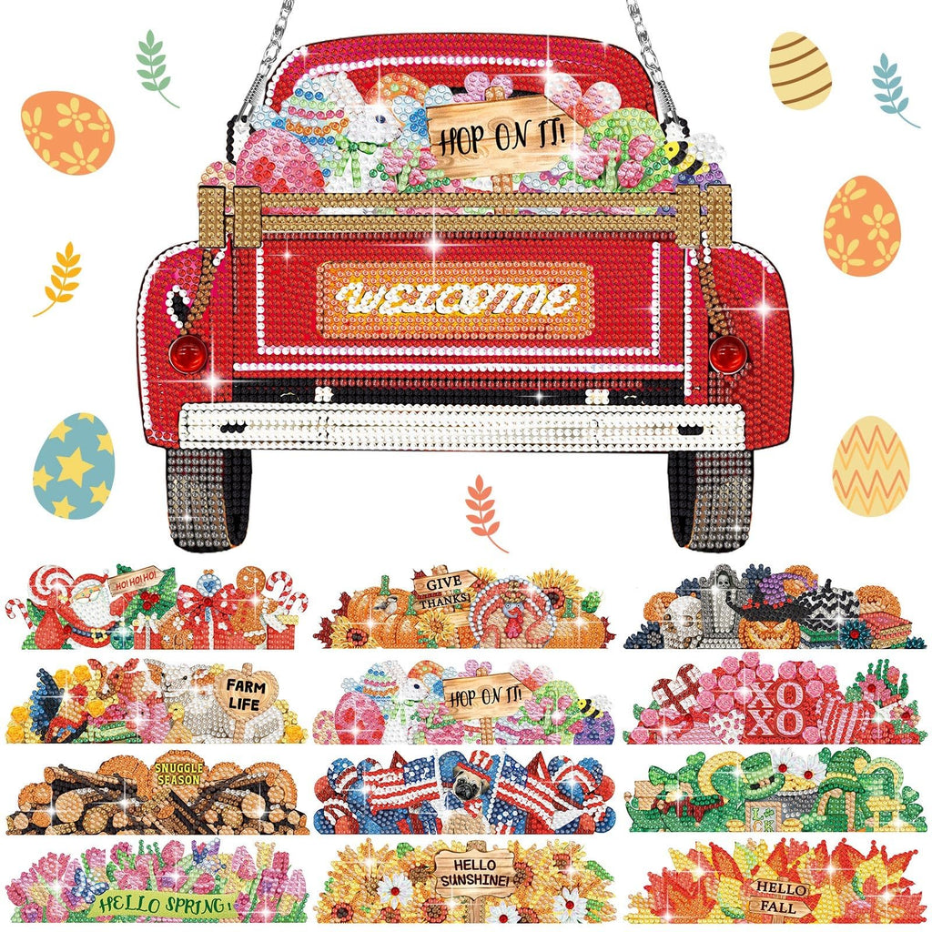 Diamond art hanging sign featuring a red truck filled with seasonal decorations and interchangeable inserts for holidays.
