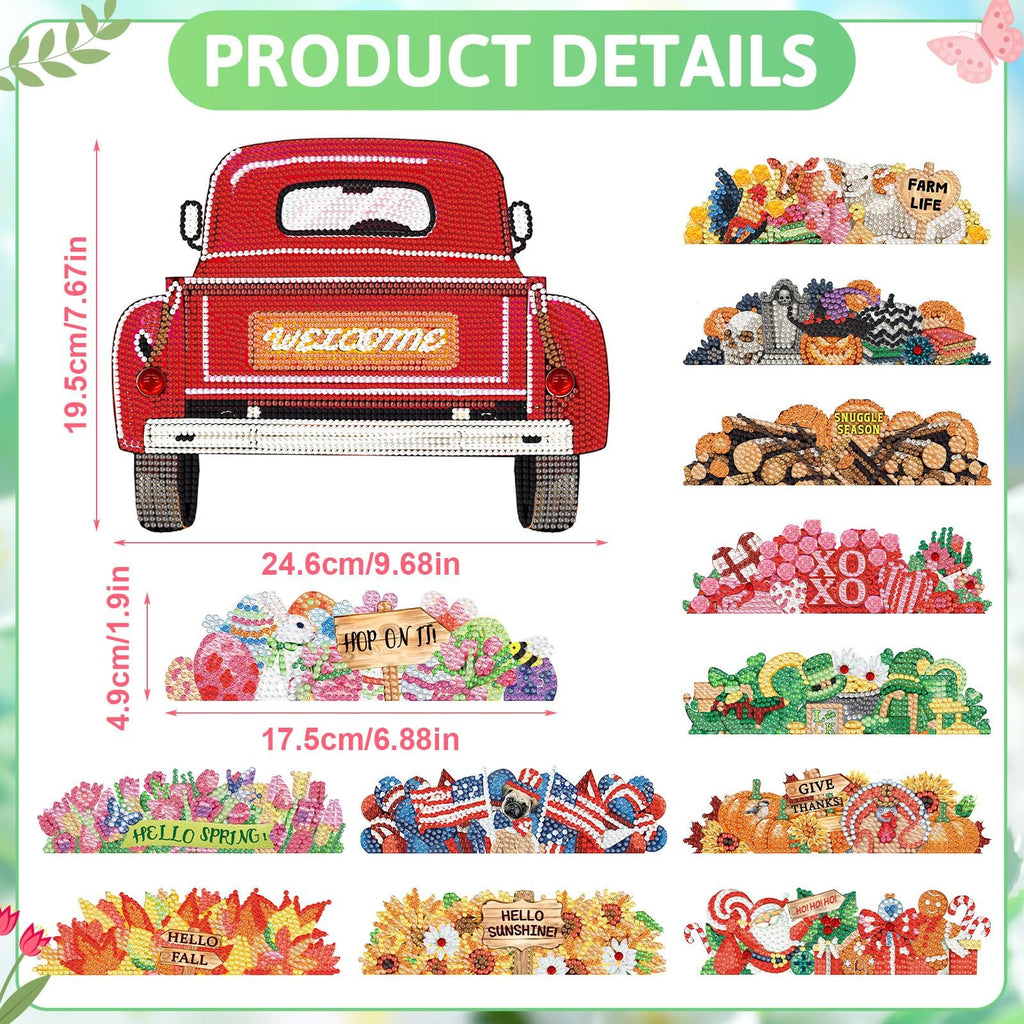 Diamond art hanging sign kit with red truck and interchangeable seasonal inserts. Includes dimensions.
