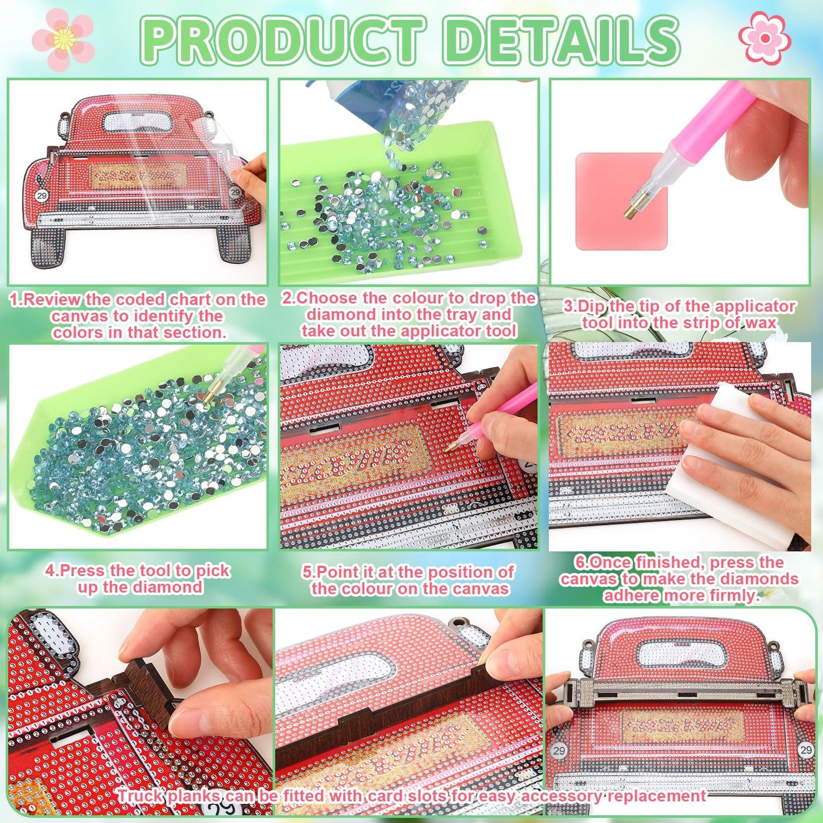 Diamond art kit instructions showing steps to create a red truck hanging sign with interchangeable seasonal planks.