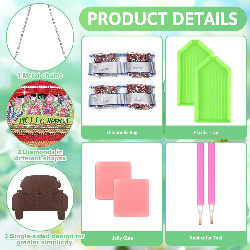 Diamond art hanging sign kit contents including metal chains, diamond bags, plastic trays, jelly glue, and applicator tools.