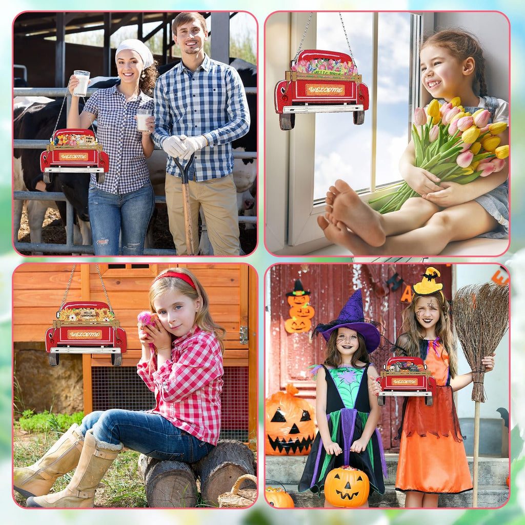 Collage of four scenes featuring a red diamond art truck sign with interchangeable seasonal inserts.
