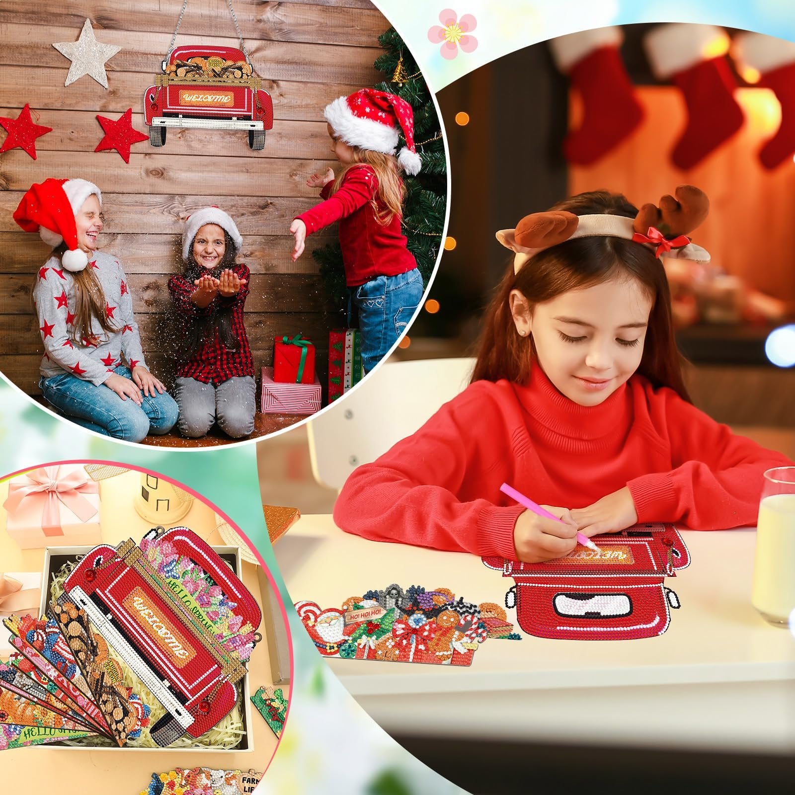 Children doing diamond art projects, including a red truck welcome sign and a sleigh with Christmas figures.