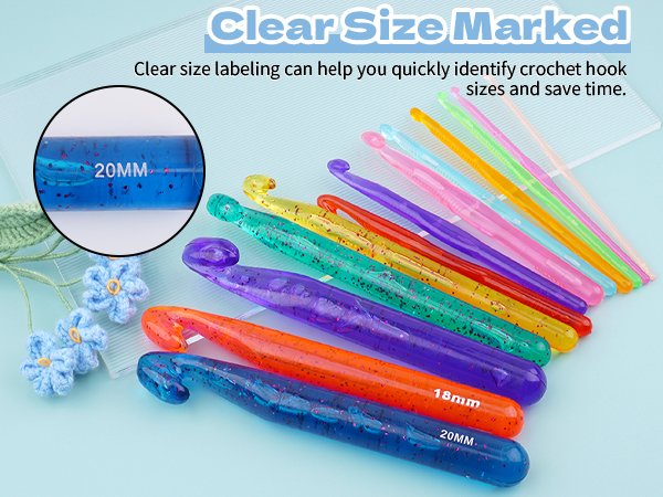 Set of colorful plastic crochet hooks with size markings, shown with a close-up of a 20mm hook.