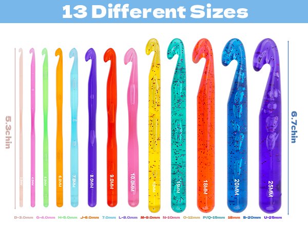 Set of 13 colorful plastic crochet hooks of varying sizes displayed in a row, with size labels and dimensions indicated.