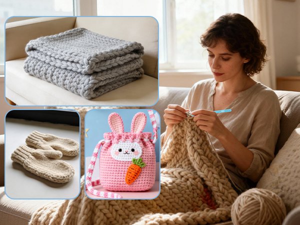 Woman crocheting a large blanket with a crochet hook, surrounded by knitted items and yarn.