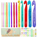 Set of 13 plastic crochet hooks in various colors and sizes, plus a patterned pouch, stitch markers, and a tape measure.