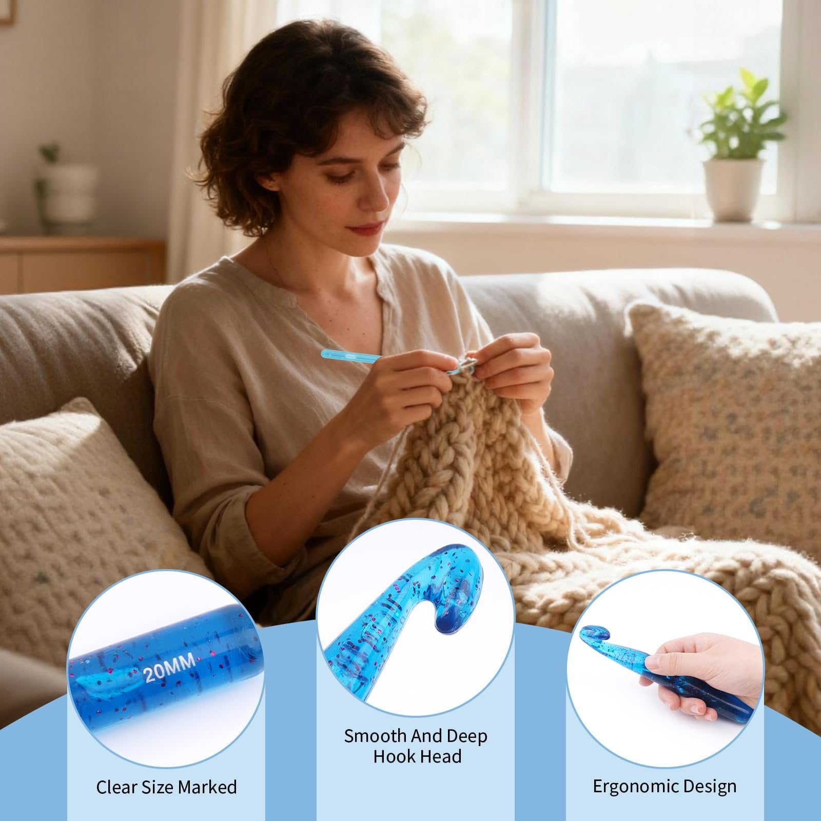 Woman crocheting with a blue crochet hook, close-ups show hook details and size marking.