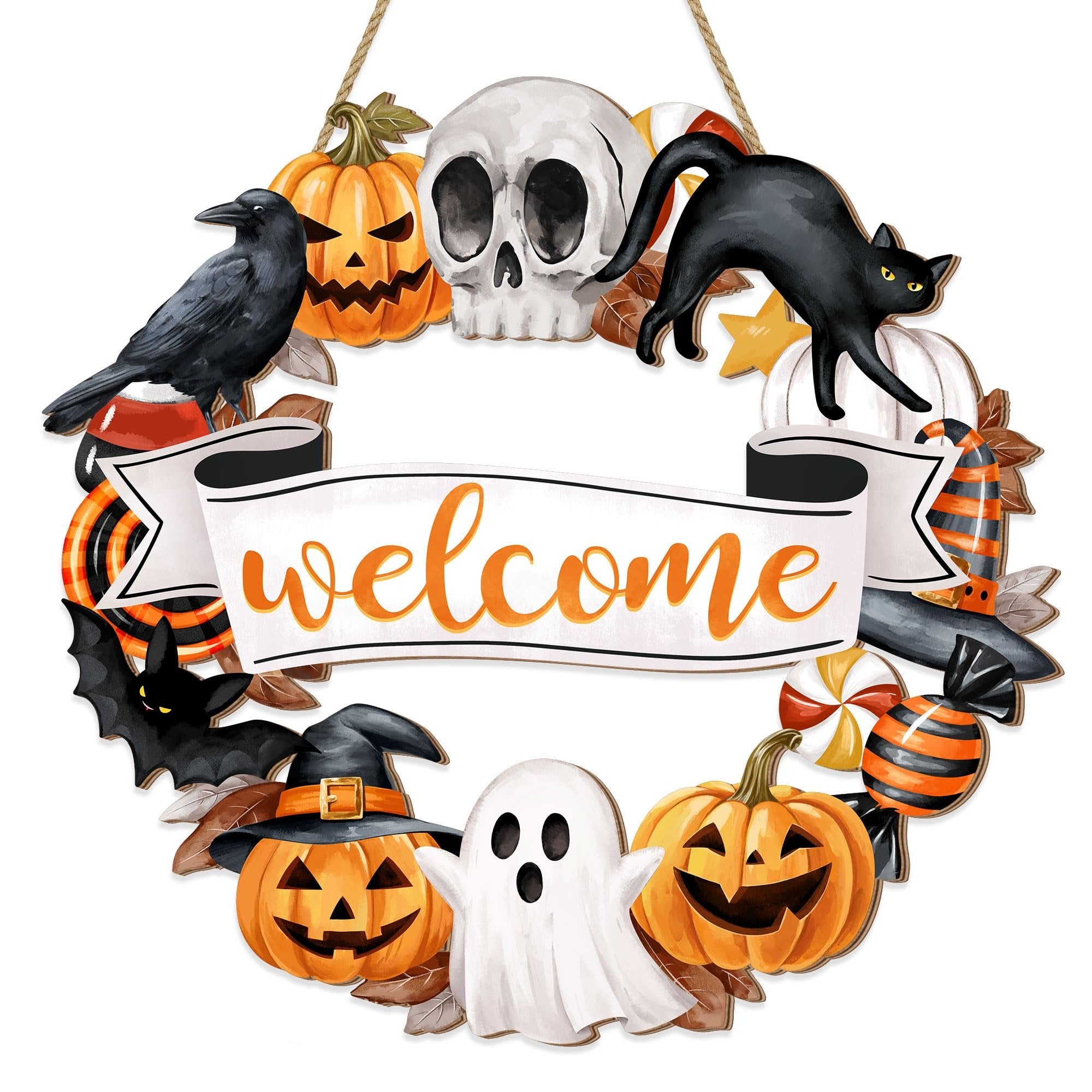 Halloween door wreath sign with ghost, black cat, pumpkins, skull, crow, bat, and welcome banner