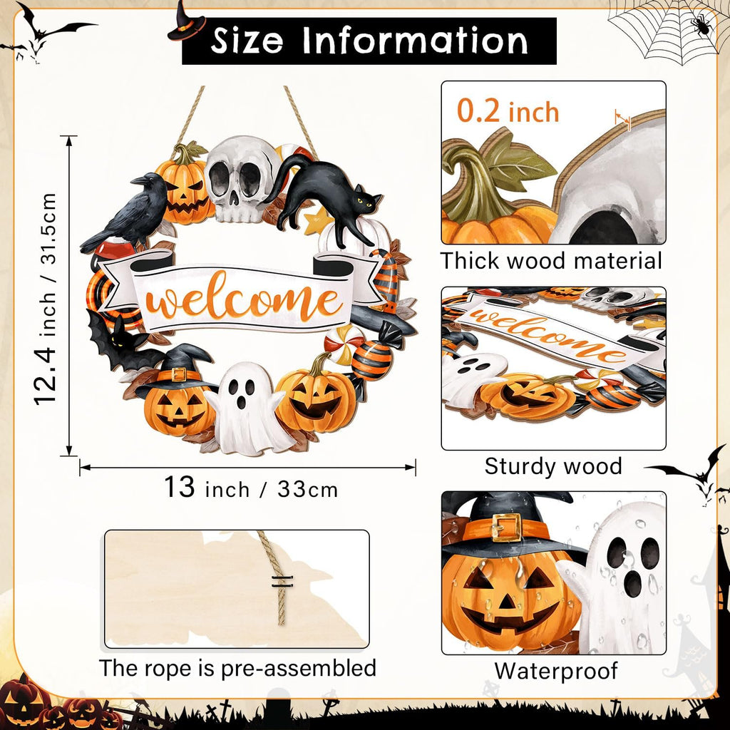 Halloween door wreath sign with welcome text, featuring pumpkins, ghosts, a black cat, and a skull. Includes size and material details.