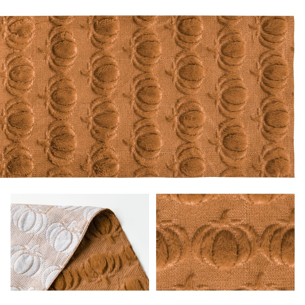 Caramel faux fur table runner with embossed pumpkin pattern, shown flat and folded to reveal backing.