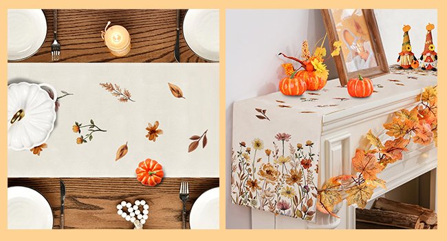 Fall floral table runner with autumn leaves and pumpkins on a wooden table and fireplace mantel