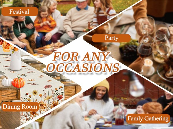 Collage of autumn table runner in use for dining room, festival, party, and family gathering occasions.