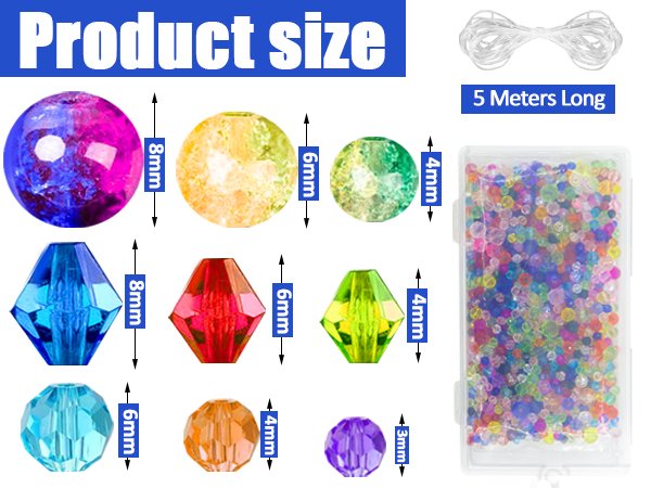 Glass beads in various shapes and sizes with size indicators, plus a container of mixed beads and a spool of thread.