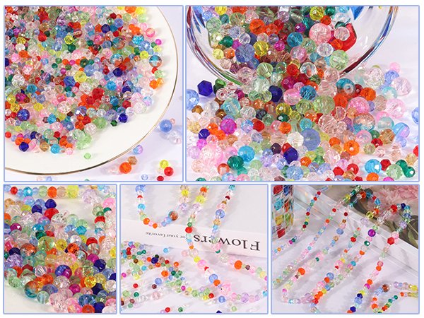 Assorted colorful faceted glass beads spilled from a bowl and on a plate, with finished jewelry strands.