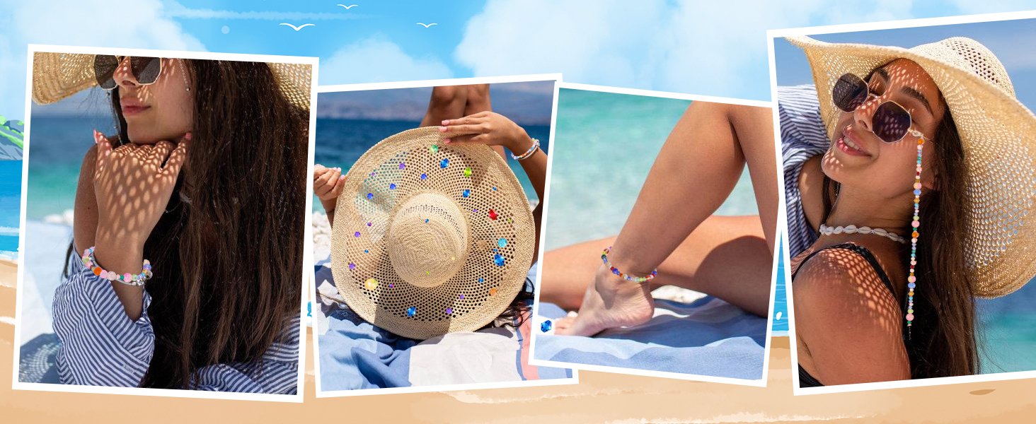 Collage of women at the beach wearing colorful beaded jewelry, including bracelets, an anklet, and a glasses chain.