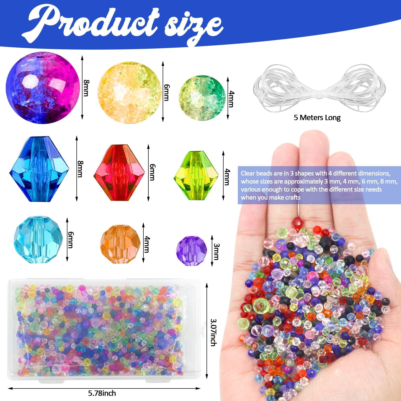 Assortment of colorful glass beads in various shapes and sizes, with dimensions and a hand holding beads shown.