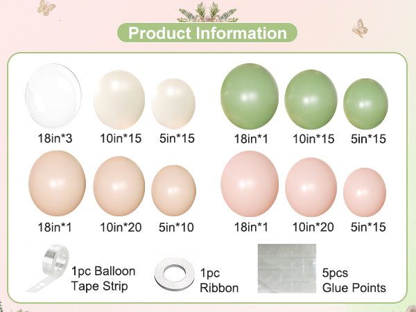 Contents of a pink and sage green balloon arch kit including balloons of various sizes and colors, balloon tape strip, ribbon, and glue points.