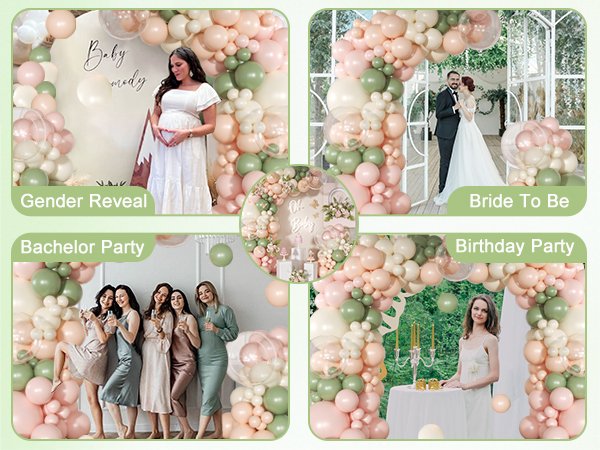 Collage of balloon arch arrangements for various parties: gender reveal, bride to be, bachelor party, and birthday party.