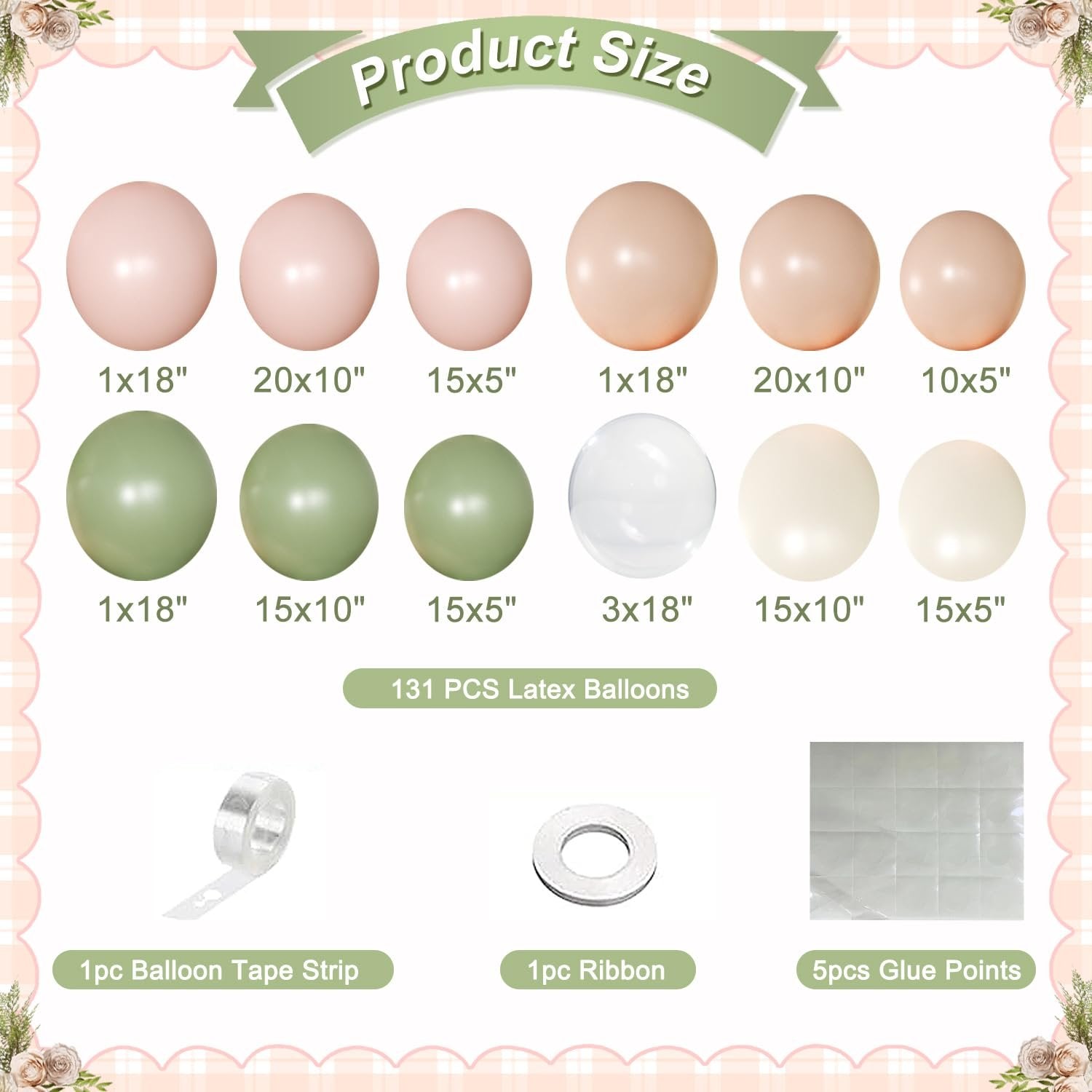 Balloon arch kit components shown with size and quantity labels: pink, sage green, white, and cream balloons, balloon tape strip, ribbon, and glue points.