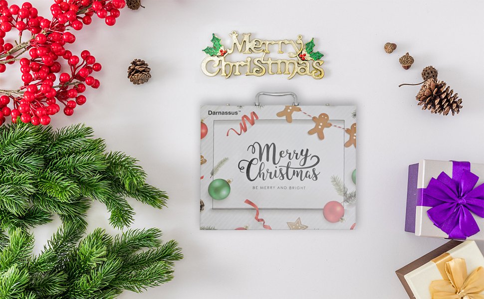 Christmas themed frame with gingerbread men and ornaments, surrounded by festive decorations.
