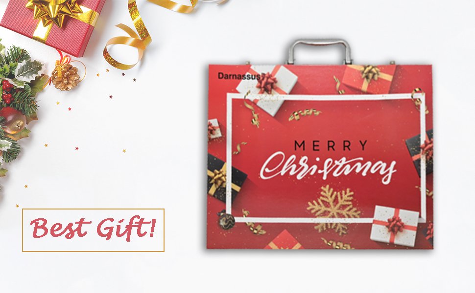 Closed art set case with 'Merry Christmas' design and '' logo, surrounded by festive elements.