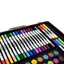 Art set with wooden easel case open, showing rows of markers, oil pastels, watercolors, and paper.