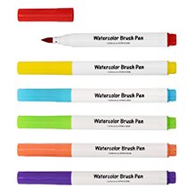 Set of six watercolor brush pens in red, yellow, blue, green, orange, and purple, with caps and nibs visible.