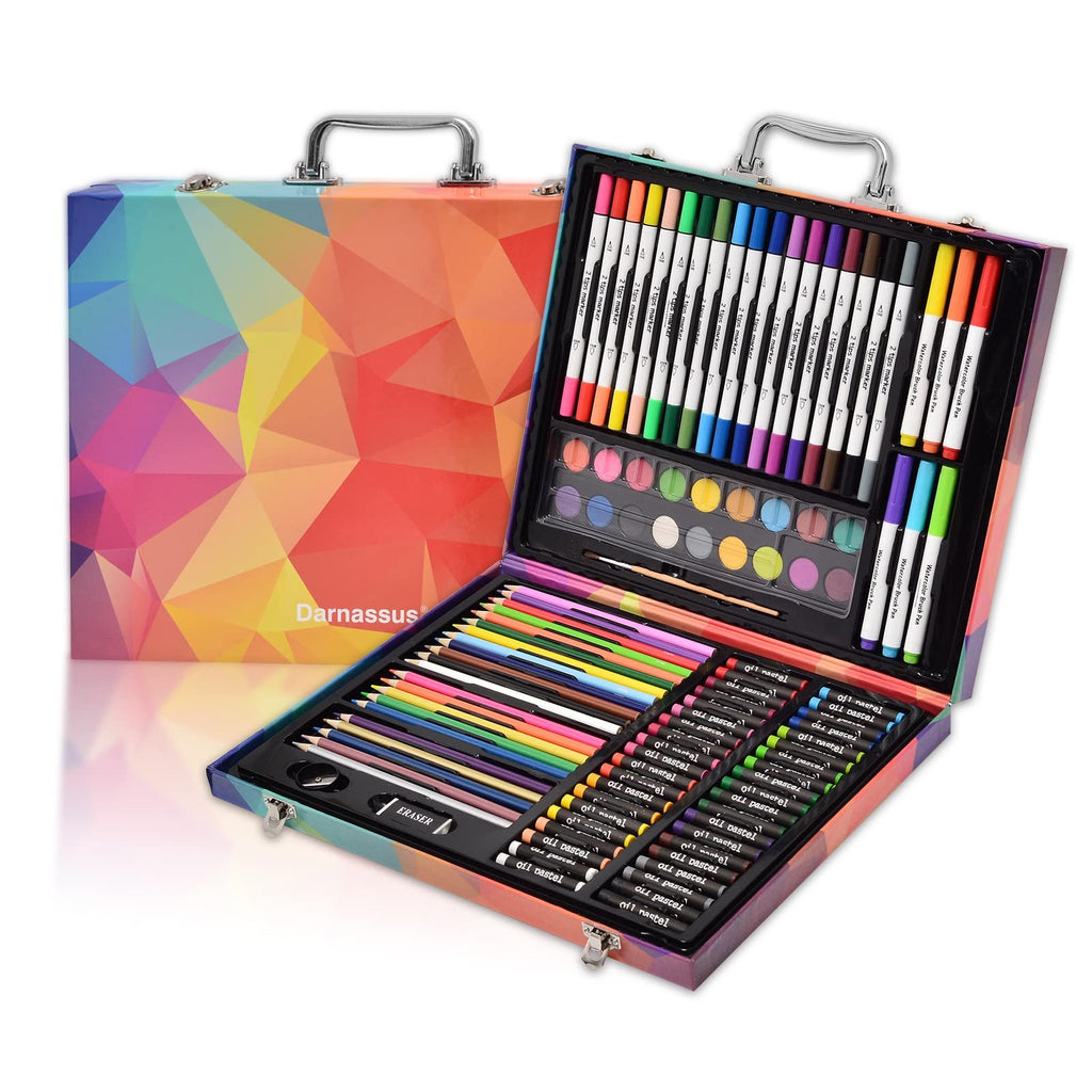 Open art set case showing colored pencils, oil pastels, markers, watercolors, and an eraser.