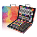 Open art set case showing colored pencils, oil pastels, markers, watercolors, and an eraser.
