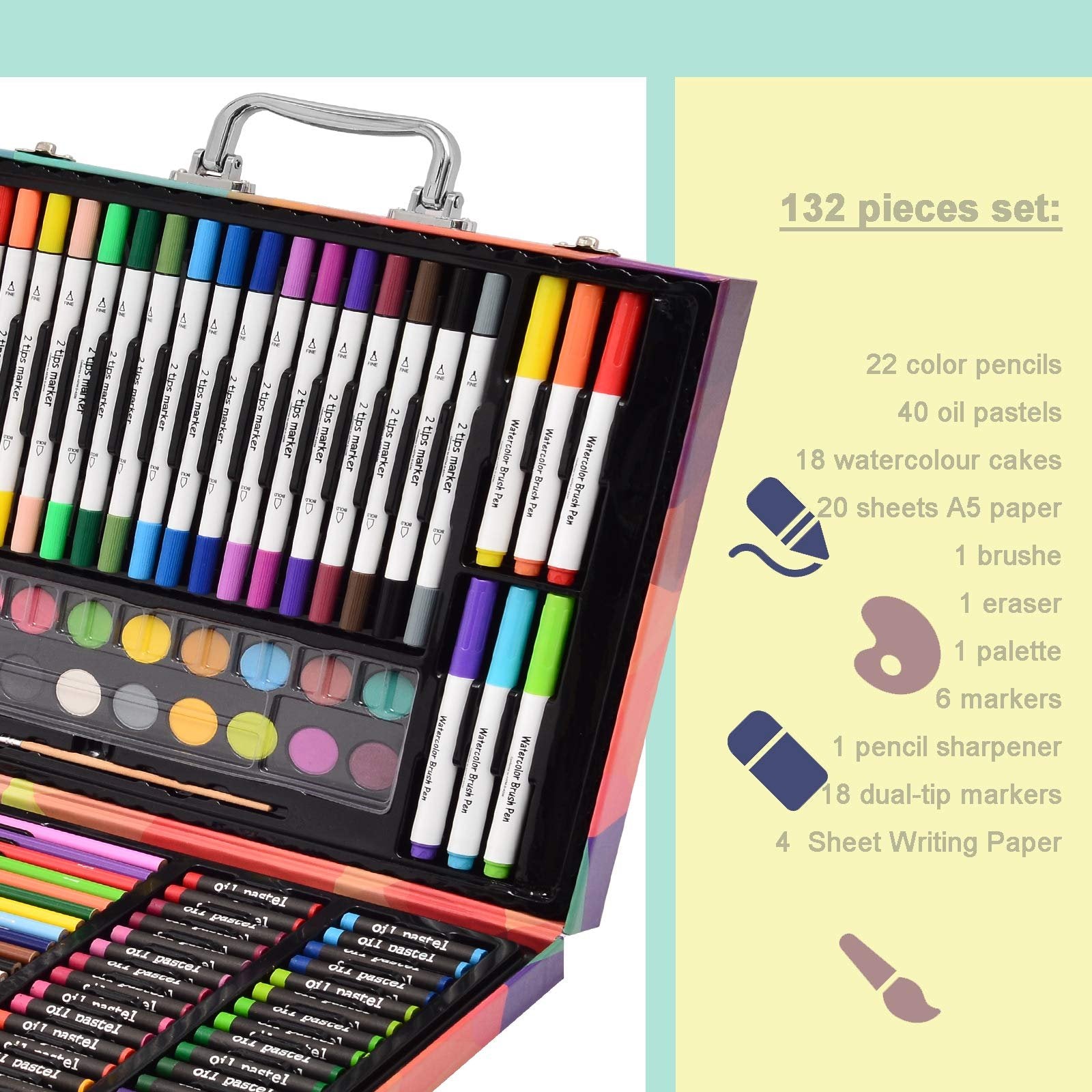 Open art set case showing markers, watercolors, colored pencils, and oil pastels.