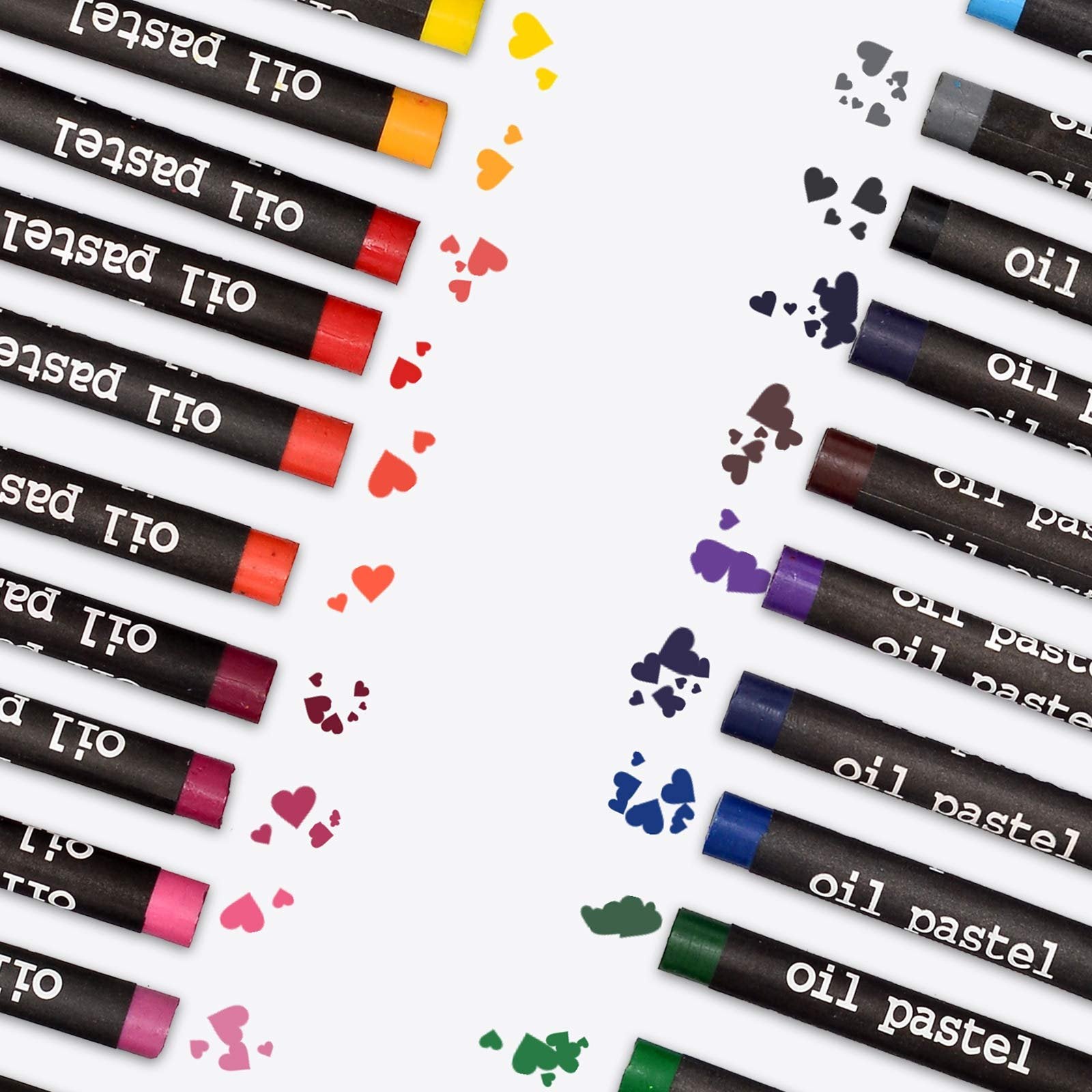 Assortment of colorful oil pastels arranged in two columns with scattered heart and cloud shapes.