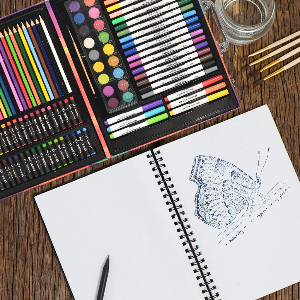 Art set contents including colored pencils, oil pastels, markers, watercolors, brushes, and a sketchbook with a butterfly drawing.