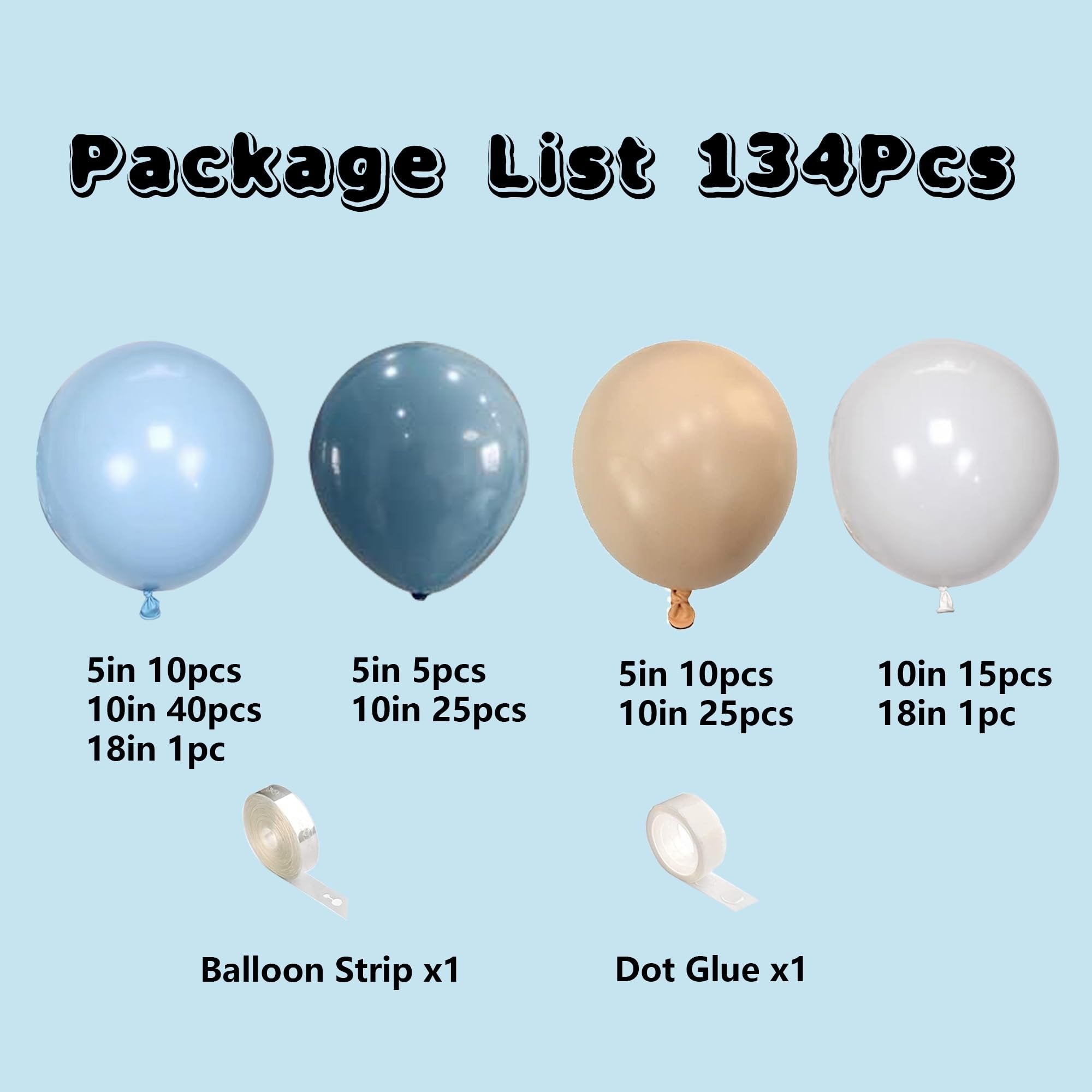 Four balloons in light blue, dusty blue, tan, and white, with package contents list and accessories.