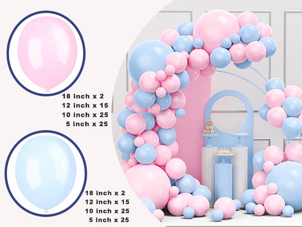 Pink and blue balloon garland arch kit with balloons in various sizes shown in circles and as a garland.