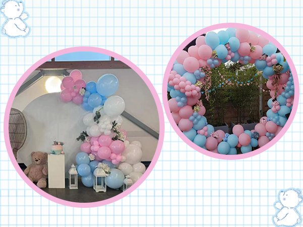 Pink and blue balloon garland arch displays at an indoor party and outdoor garden setting.