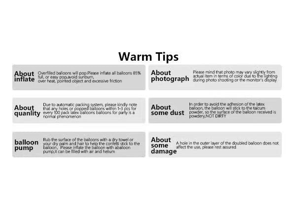 Warm tips section for balloon garland kit, covering inflation, quantity, dust, and damage.