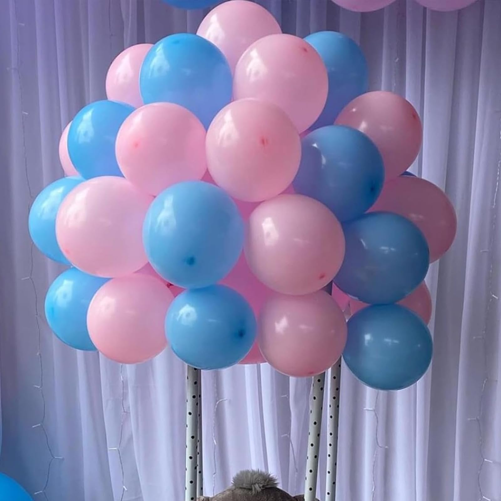 Pink and blue balloons arranged in a large cluster on a stand, with a white curtain backdrop.