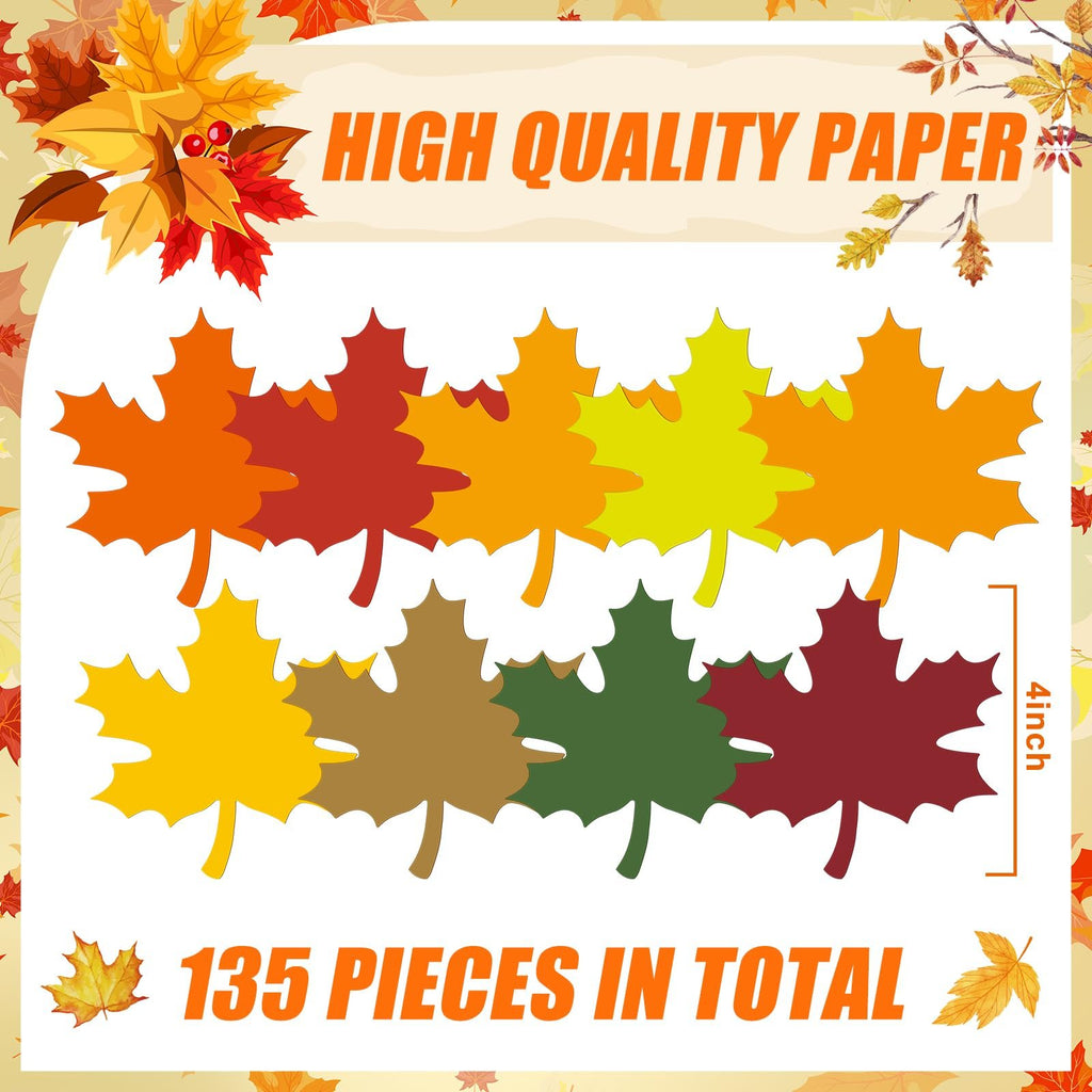 Assorted colorful paper maple leaf cutouts in various fall colors, 4 inches tall, with text indicating 135 pieces total.