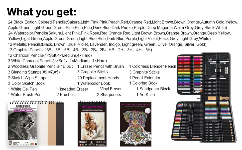 Drawing and sketching set contents laid out with a list of included items and a view of the open pencil case.