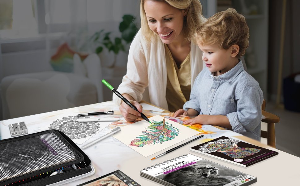 Woman and child drawing a colorful feather on paper with art supplies on a table