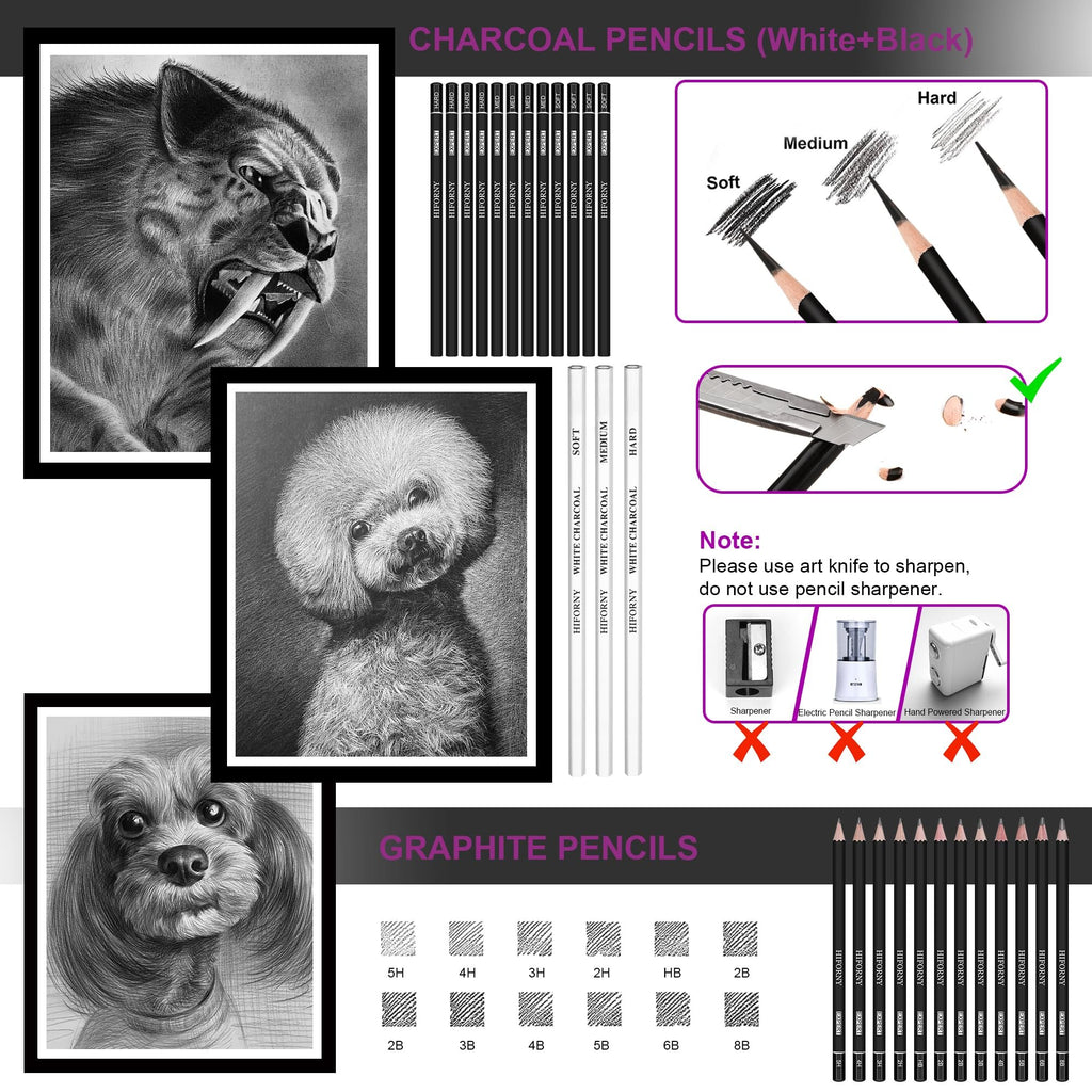 Drawing and sketching set with charcoal and graphite pencils, showing pencil hardness and sharpening instructions.