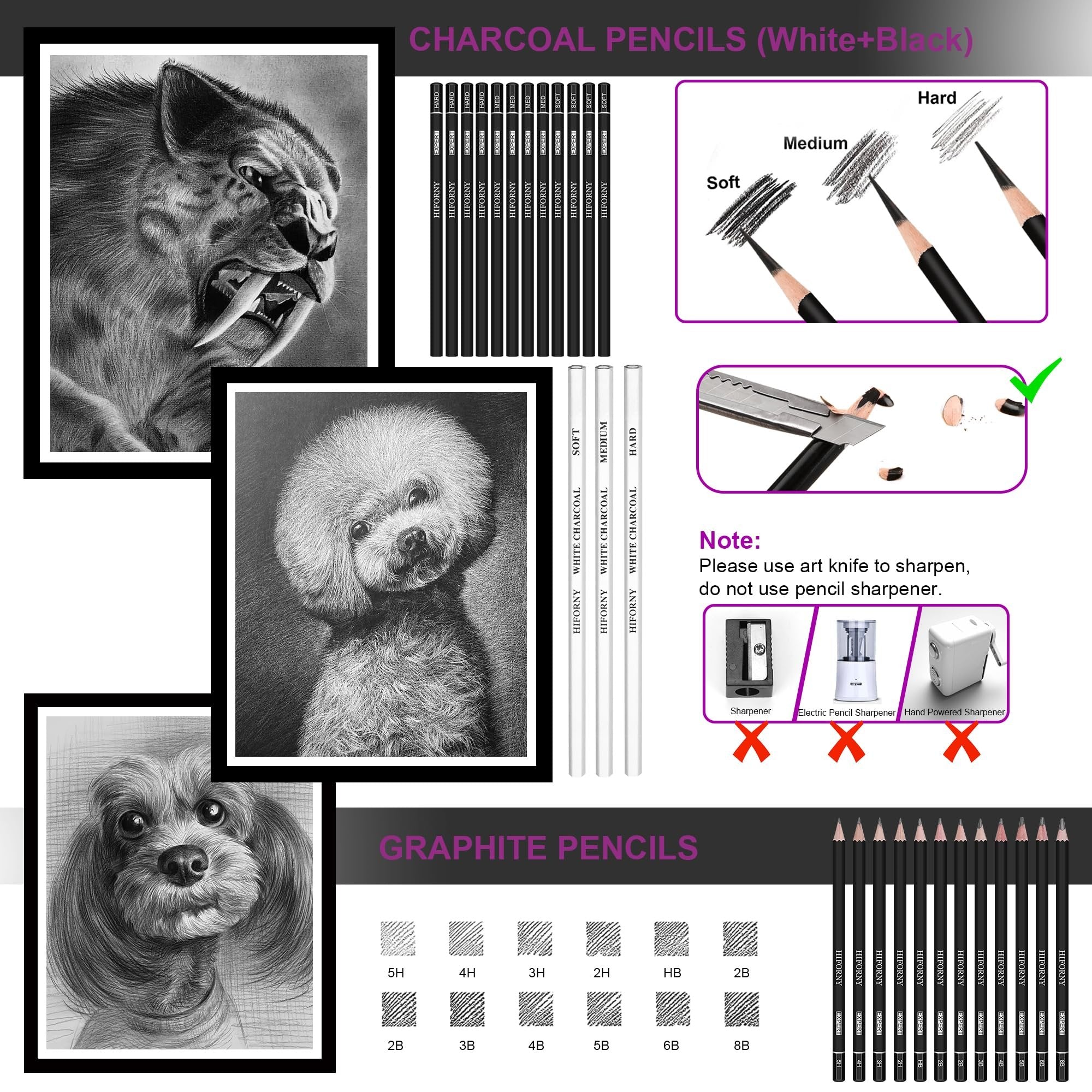 Drawing and sketching set with charcoal and graphite pencils, showing pencil hardness and sharpening instructions.
