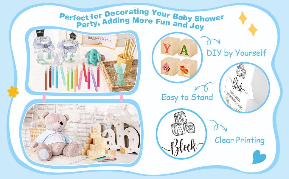 Baby shower block decorating game kit with jars, markers, wooden blocks, and a teddy bear.